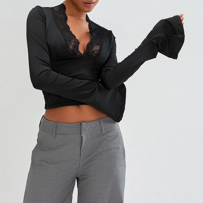 Slim V-neck Lace T-Shirt Ins Fashion Trumpet Sleeve Long-sleeved Top Women Clothing